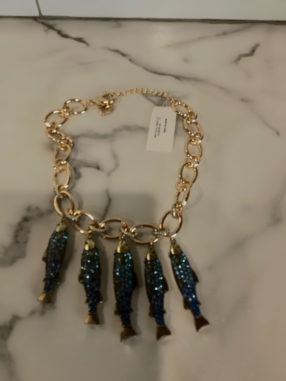 Betsey Johnson Gold-Tone Necklace with Blue Glitter Fish Charms